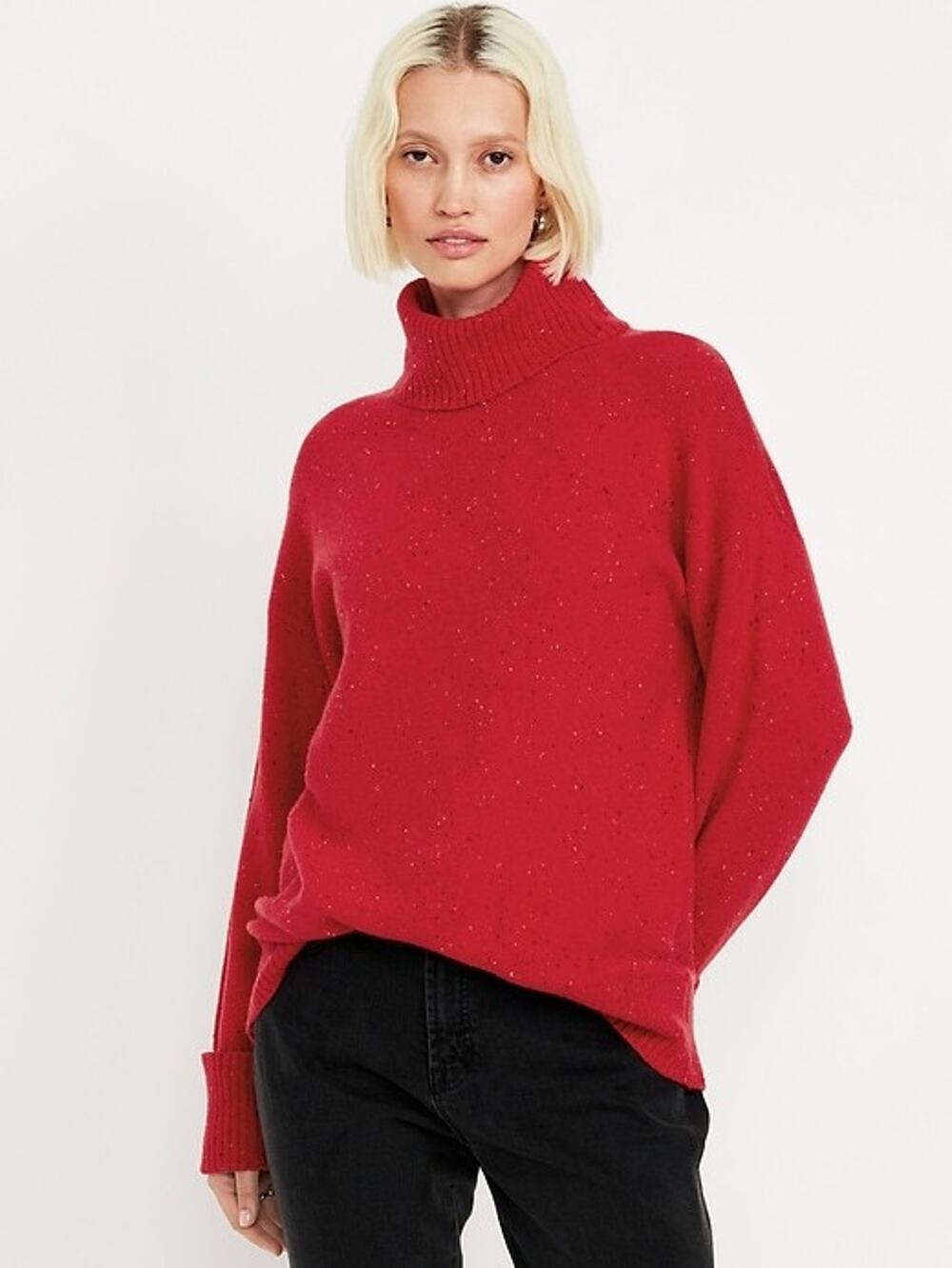 Old Navy Sweater Women's Medium Red Specked SoSoft Turtleneck Tunic Cotton Blend